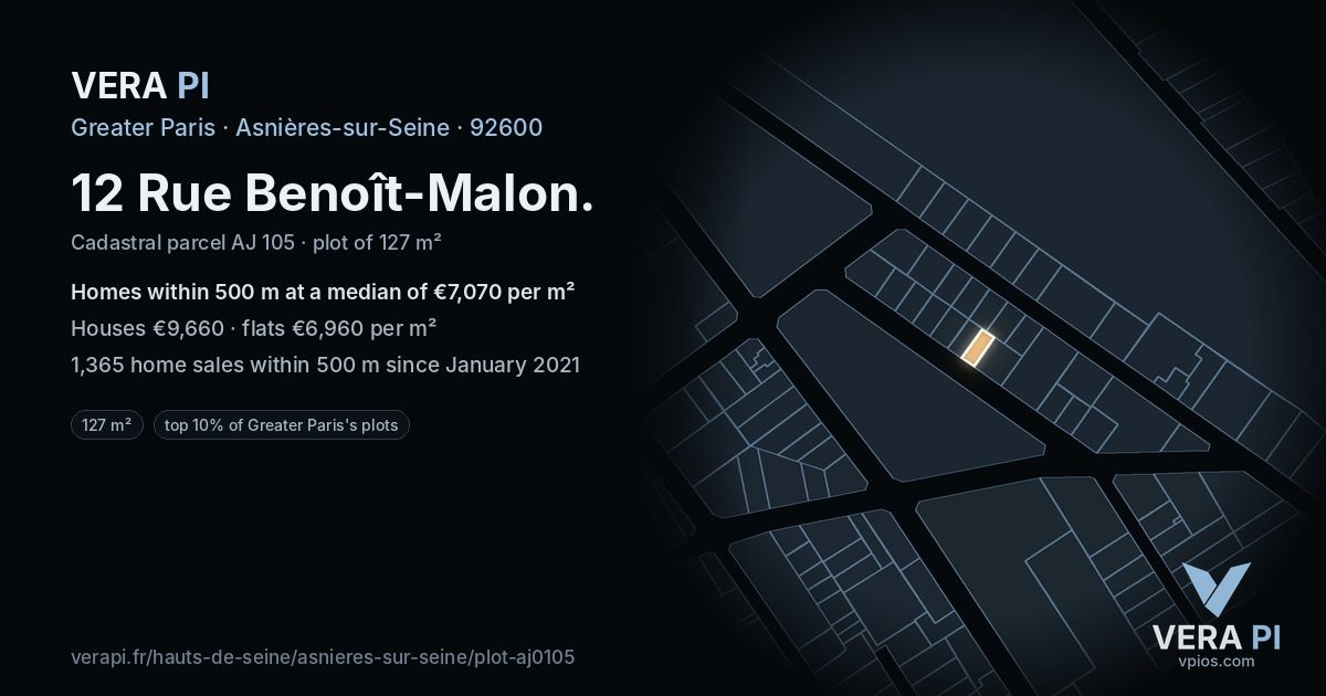 12 Rue Benoît-Malon, Asnières-sur-Seine at night – the plot lit, the parcels around coloured by the prices near them