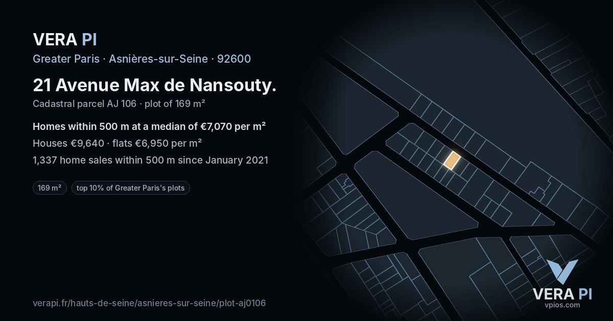 21 Avenue Max de Nansouty, Asnières-sur-Seine at night – the plot lit, the parcels around coloured by the prices near them