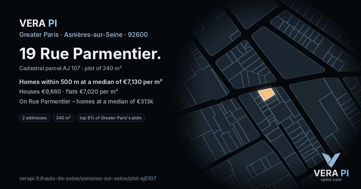 19 Rue Parmentier, Asnières-sur-Seine at night – the plot lit, the parcels around coloured by the prices near them