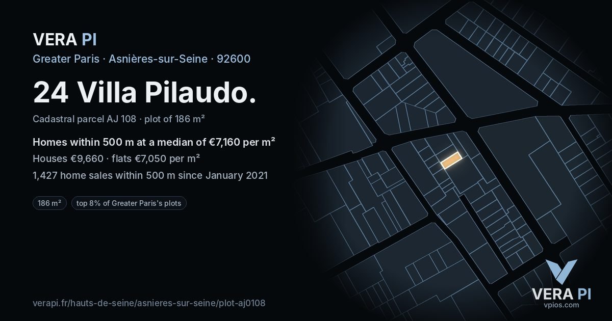 24 Villa Pilaudo, Asnières-sur-Seine at night – the plot lit, the parcels around coloured by the prices near them