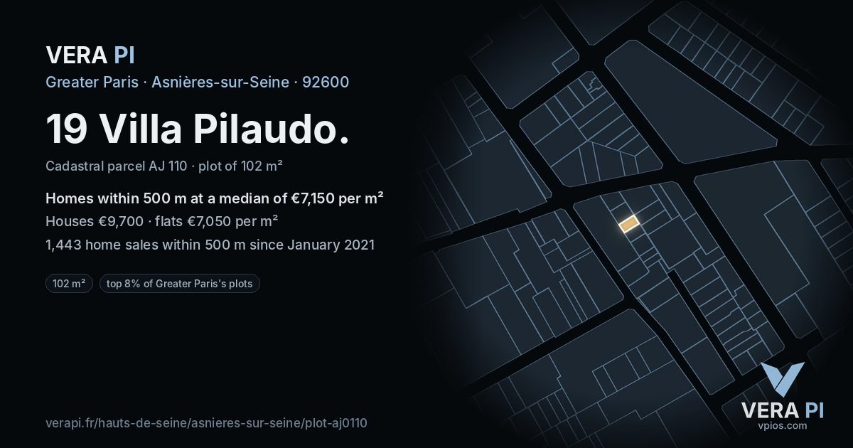 19 Villa Pilaudo, Asnières-sur-Seine at night – the plot lit, the parcels around coloured by the prices near them