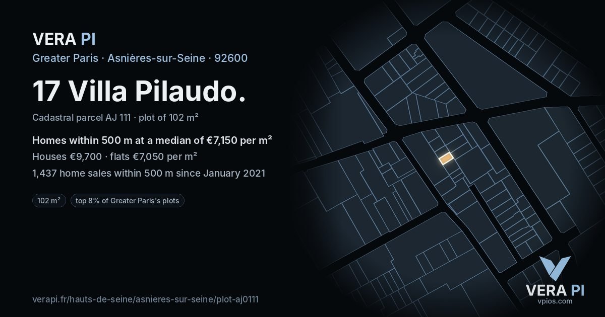 17 Villa Pilaudo, Asnières-sur-Seine at night – the plot lit, the parcels around coloured by the prices near them