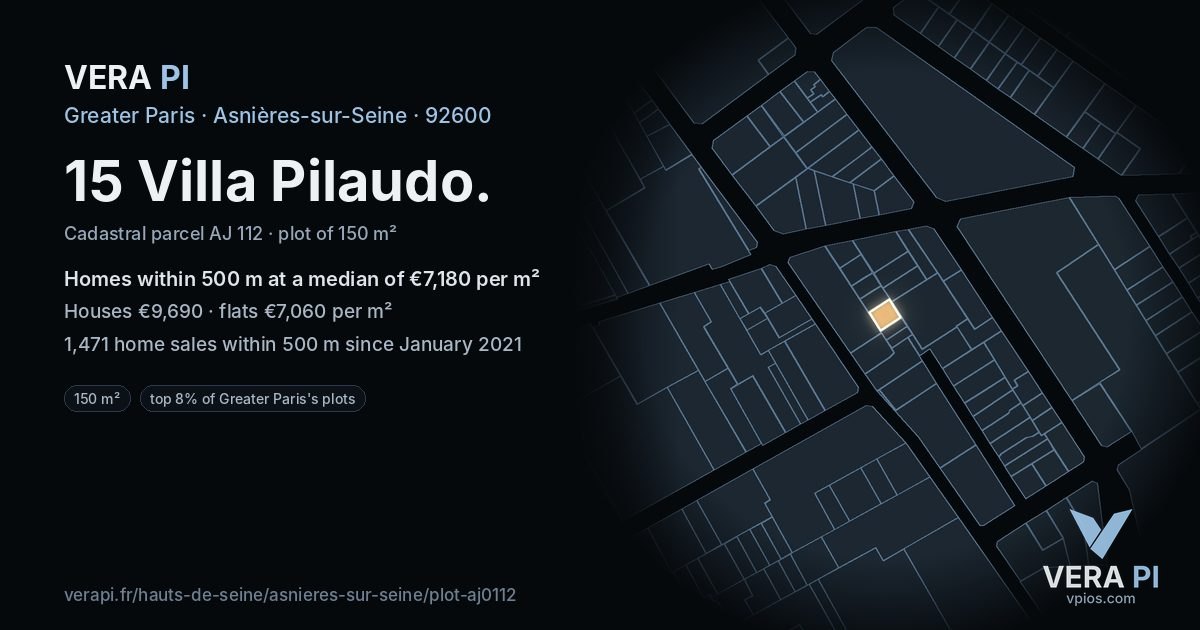 15 Villa Pilaudo, Asnières-sur-Seine at night – the plot lit, the parcels around coloured by the prices near them
