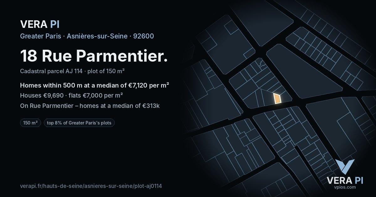 18 Rue Parmentier, Asnières-sur-Seine at night – the plot lit, the parcels around coloured by the prices near them