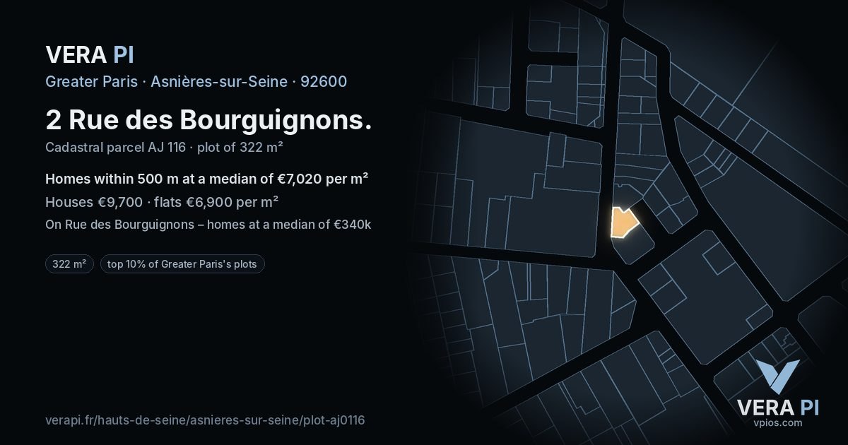 2 Rue des Bourguignons, Asnières-sur-Seine at night – the plot lit, the parcels around coloured by the prices near them