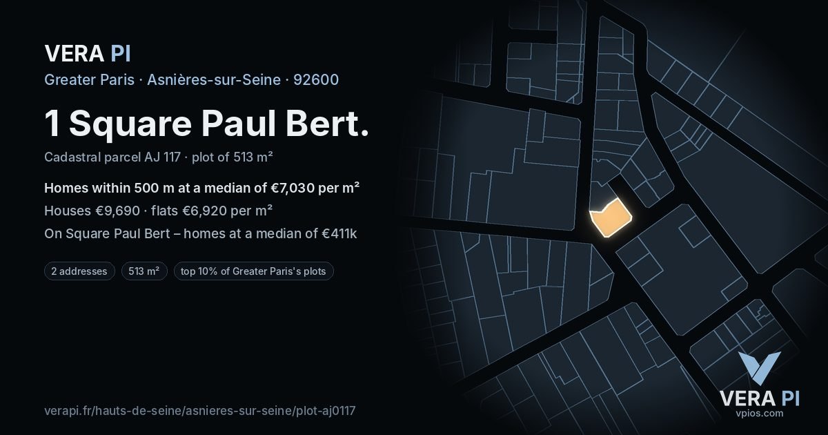 1 Square Paul Bert, Asnières-sur-Seine at night – the plot lit, the parcels around coloured by the prices near them