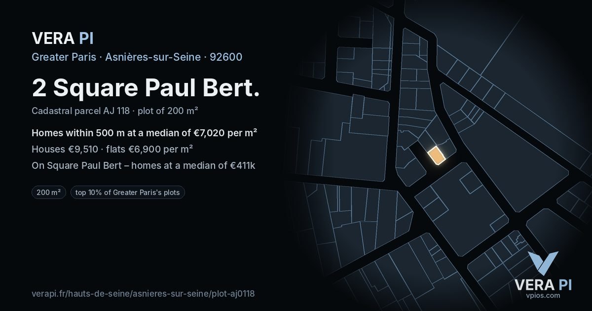 2 Square Paul Bert, Asnières-sur-Seine at night – the plot lit, the parcels around coloured by the prices near them
