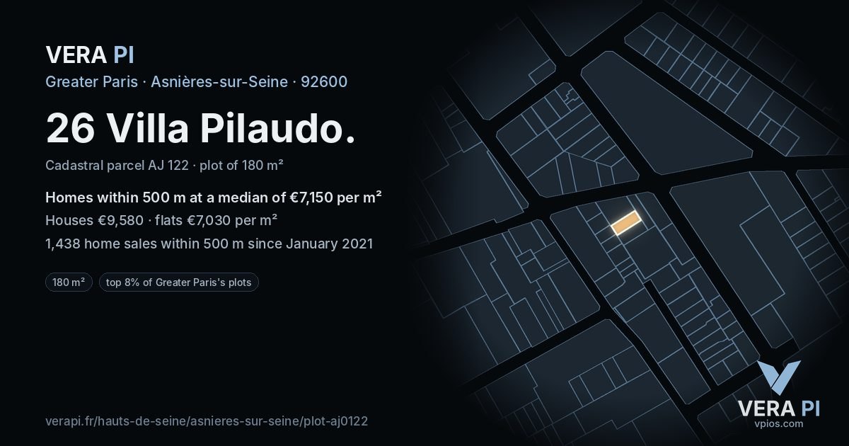 26 Villa Pilaudo, Asnières-sur-Seine at night – the plot lit, the parcels around coloured by the prices near them