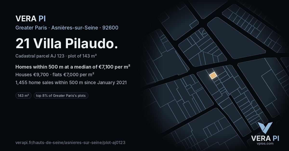 21 Villa Pilaudo, Asnières-sur-Seine at night – the plot lit, the parcels around coloured by the prices near them