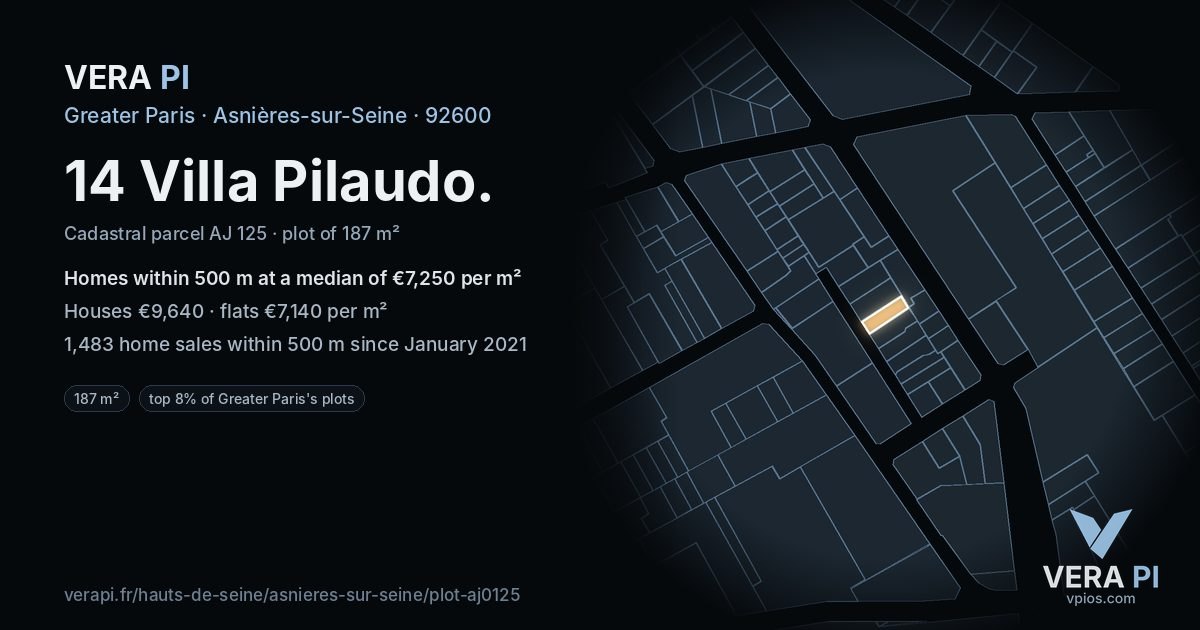 14 Villa Pilaudo, Asnières-sur-Seine at night – the plot lit, the parcels around coloured by the prices near them