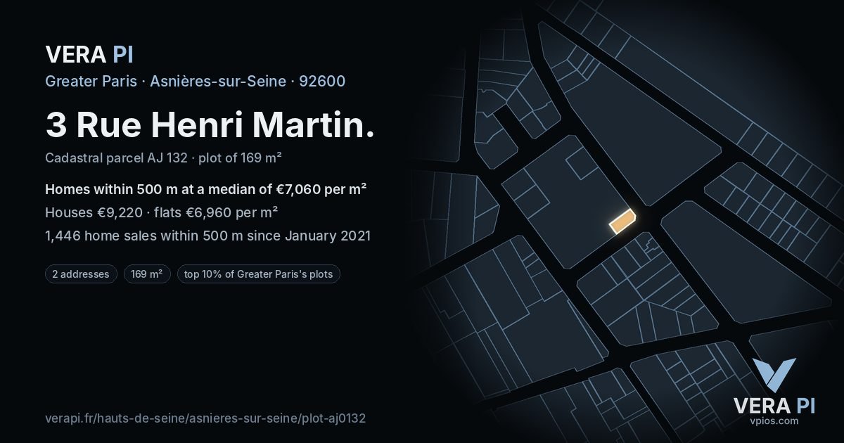 3 Rue Henri Martin, Asnières-sur-Seine at night – the plot lit, the parcels around coloured by the prices near them