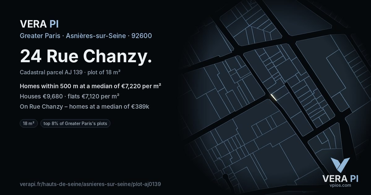 24 Rue Chanzy, Asnières-sur-Seine at night – the plot lit, the parcels around coloured by the prices near them