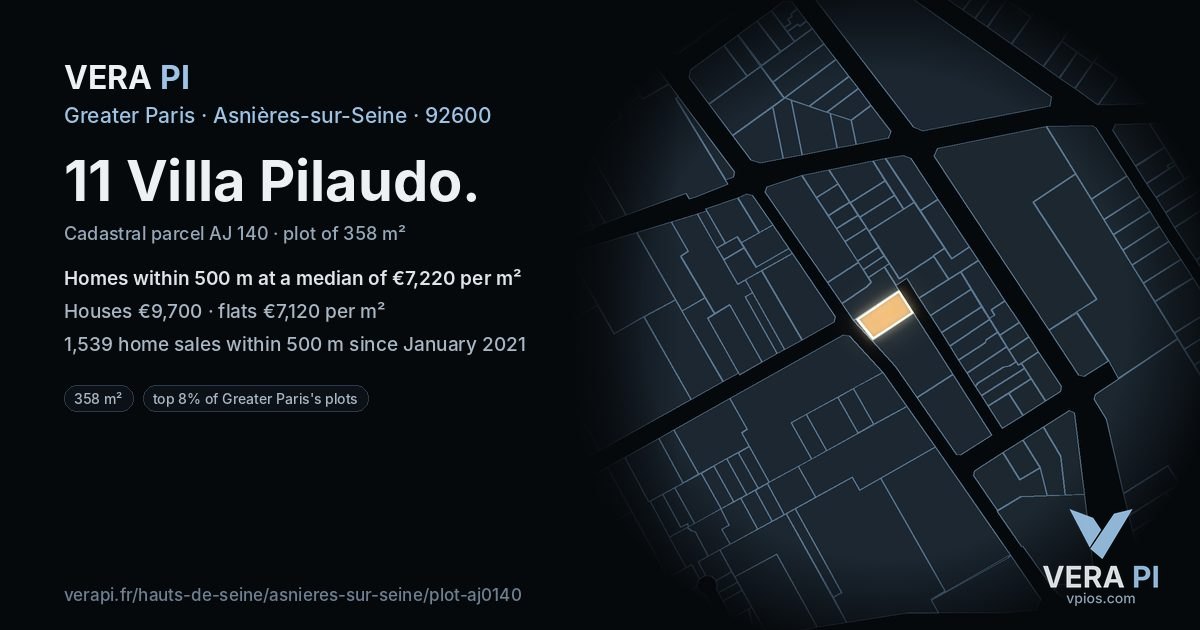 11 Villa Pilaudo, Asnières-sur-Seine at night – the plot lit, the parcels around coloured by the prices near them