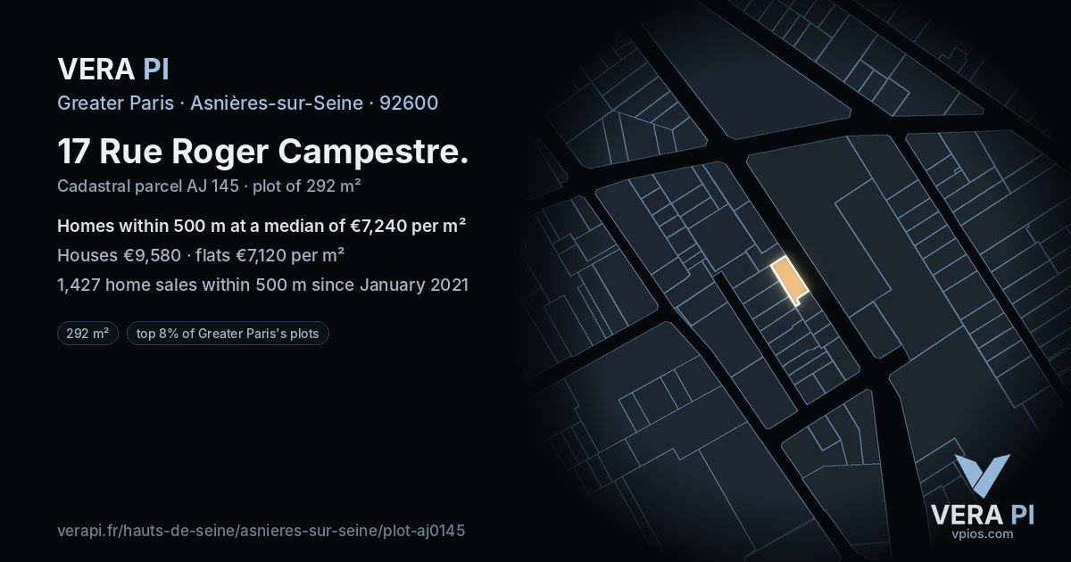17 Rue Roger Campestre, Asnières-sur-Seine at night – the plot lit, the parcels around coloured by the prices near them