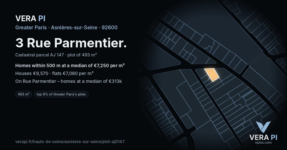 3 Rue Parmentier, Asnières-sur-Seine at night – the plot lit, the parcels around coloured by the prices near them