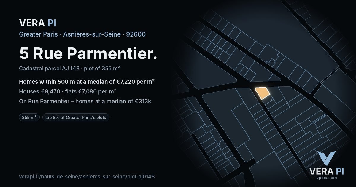 5 Rue Parmentier, Asnières-sur-Seine at night – the plot lit, the parcels around coloured by the prices near them