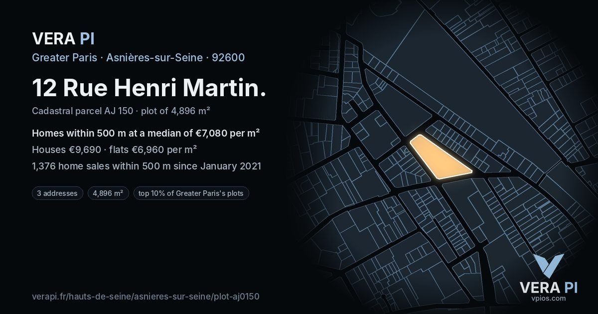 12 Rue Henri Martin, Asnières-sur-Seine at night – the plot lit, the parcels around coloured by the prices near them