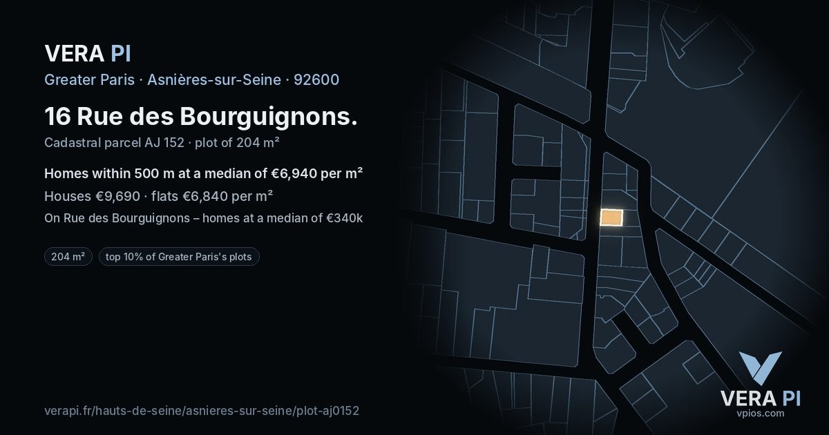 16 Rue des Bourguignons, Asnières-sur-Seine at night – the plot lit, the parcels around coloured by the prices near them