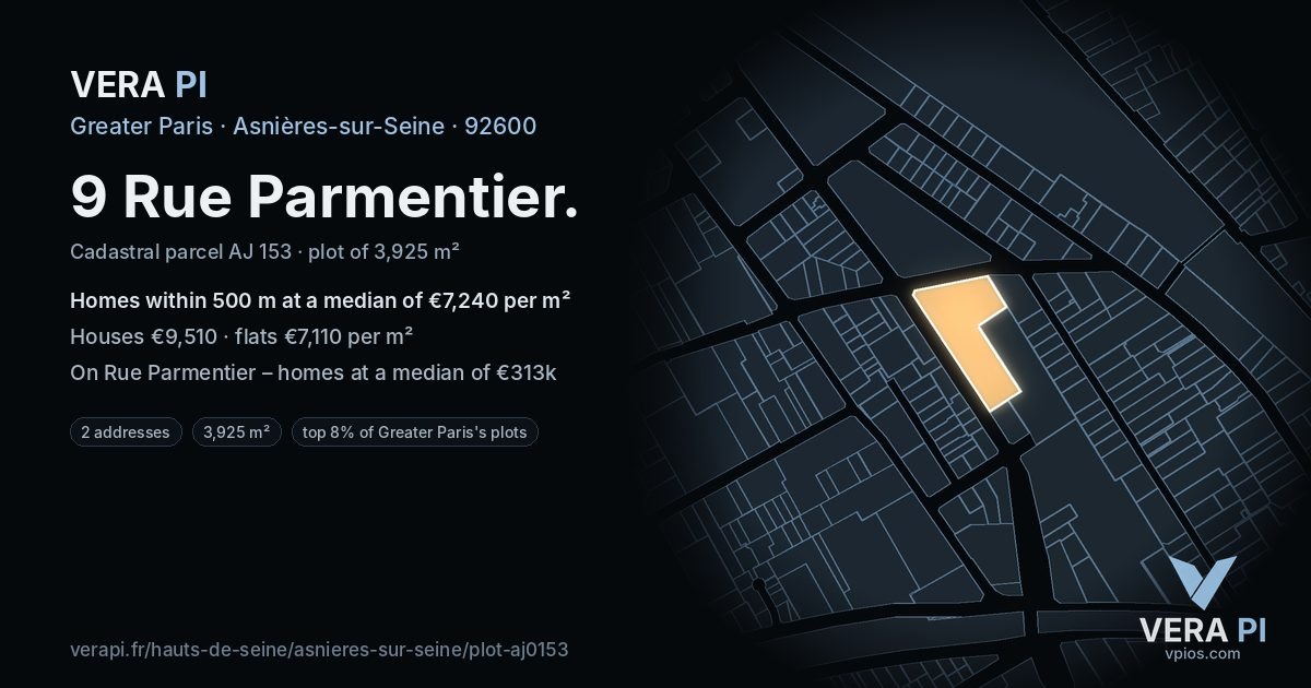9 Rue Parmentier, Asnières-sur-Seine at night – the plot lit, the parcels around coloured by the prices near them
