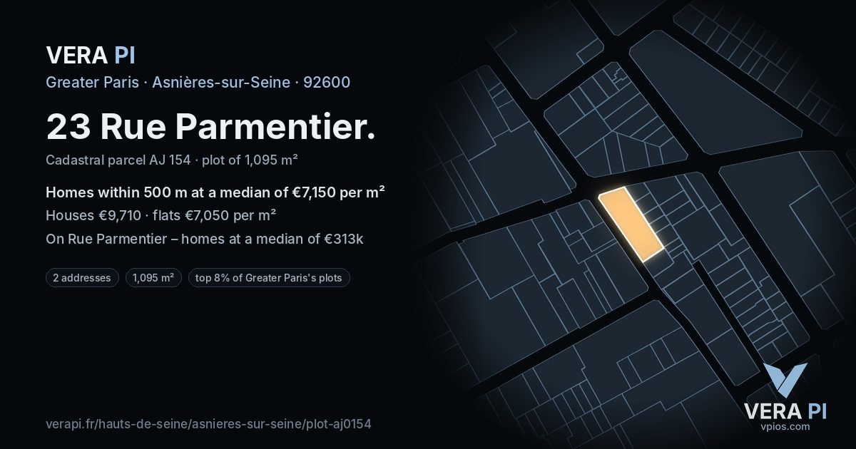 23 Rue Parmentier, Asnières-sur-Seine at night – the plot lit, the parcels around coloured by the prices near them