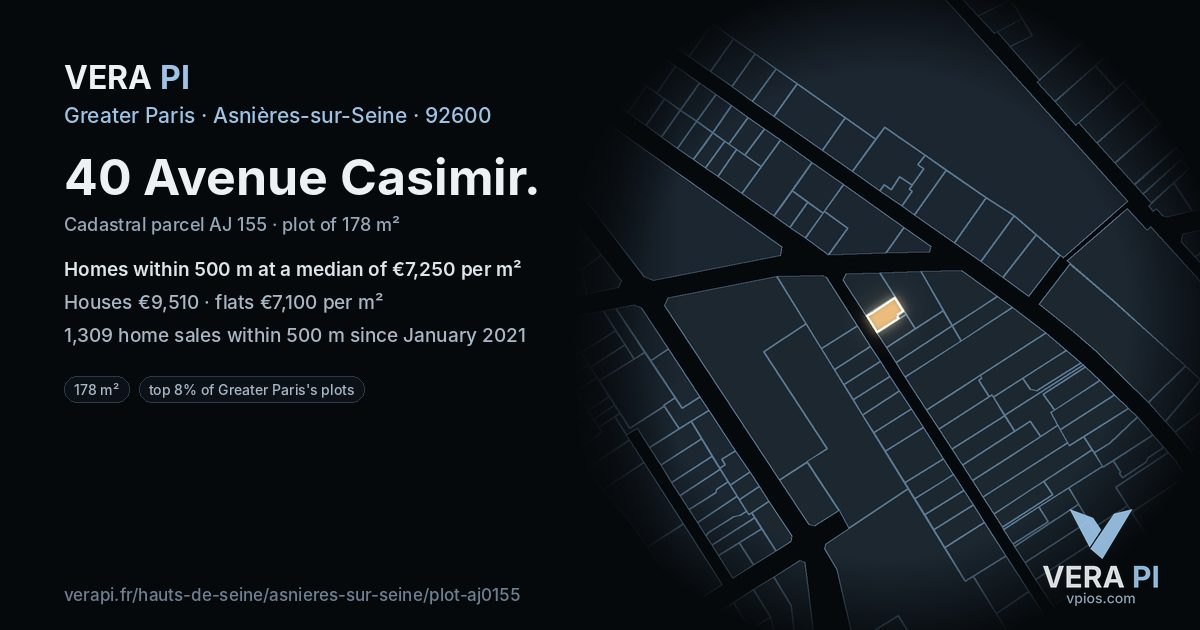 40 Avenue Casimir, Asnières-sur-Seine at night – the plot lit, the parcels around coloured by the prices near them