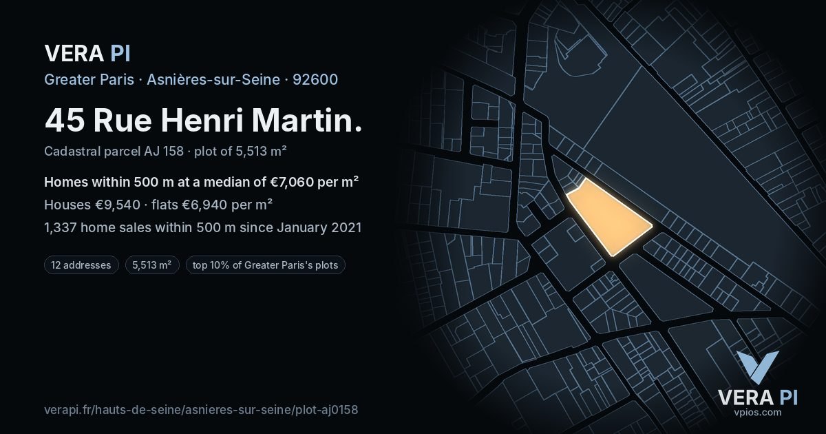 45 Rue Henri Martin, Asnières-sur-Seine at night – the plot lit, the parcels around coloured by the prices near them