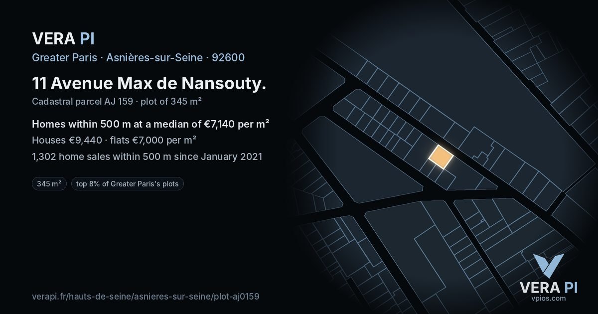 11 Avenue Max de Nansouty, Asnières-sur-Seine at night – the plot lit, the parcels around coloured by the prices near them