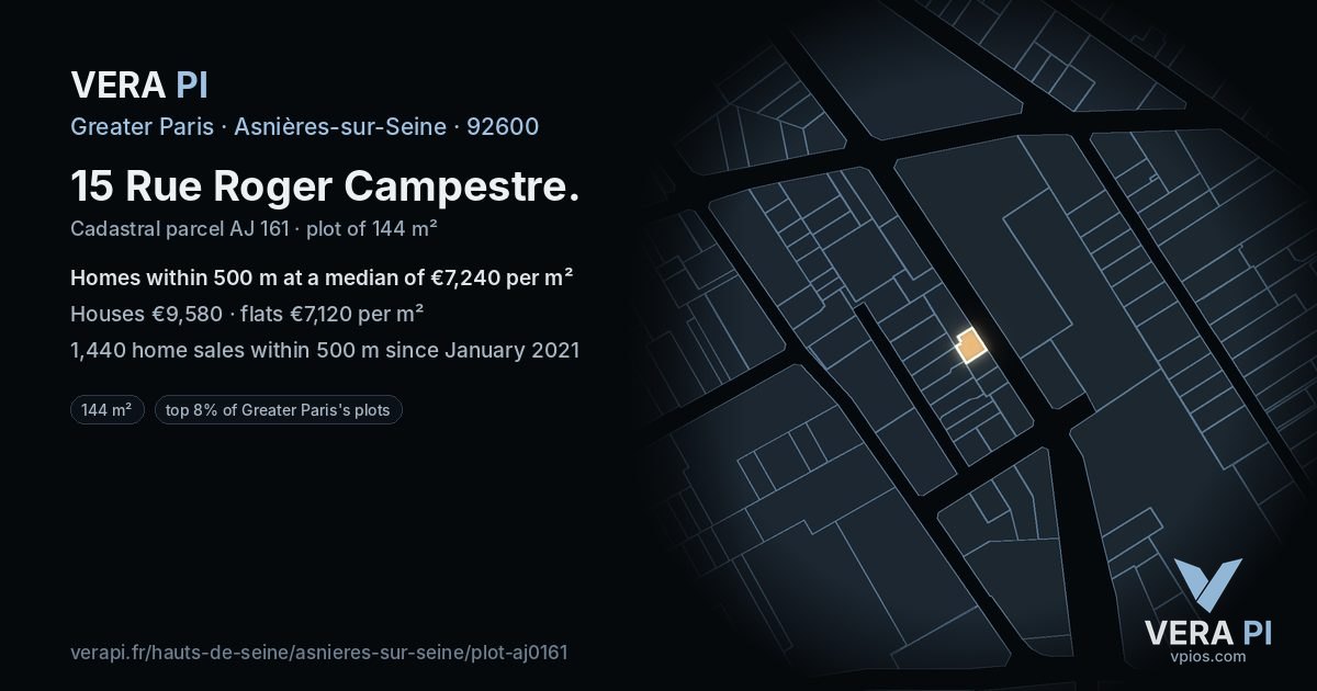 15 Rue Roger Campestre, Asnières-sur-Seine at night – the plot lit, the parcels around coloured by the prices near them