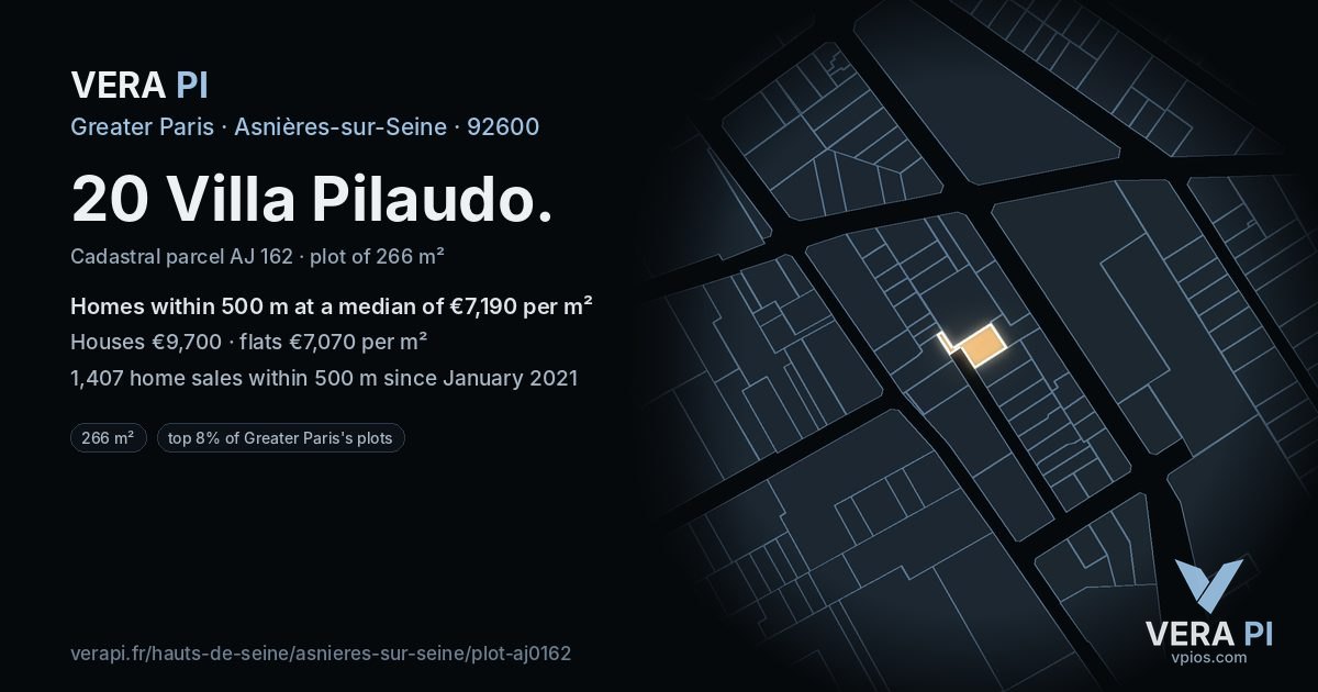 20 Villa Pilaudo, Asnières-sur-Seine at night – the plot lit, the parcels around coloured by the prices near them