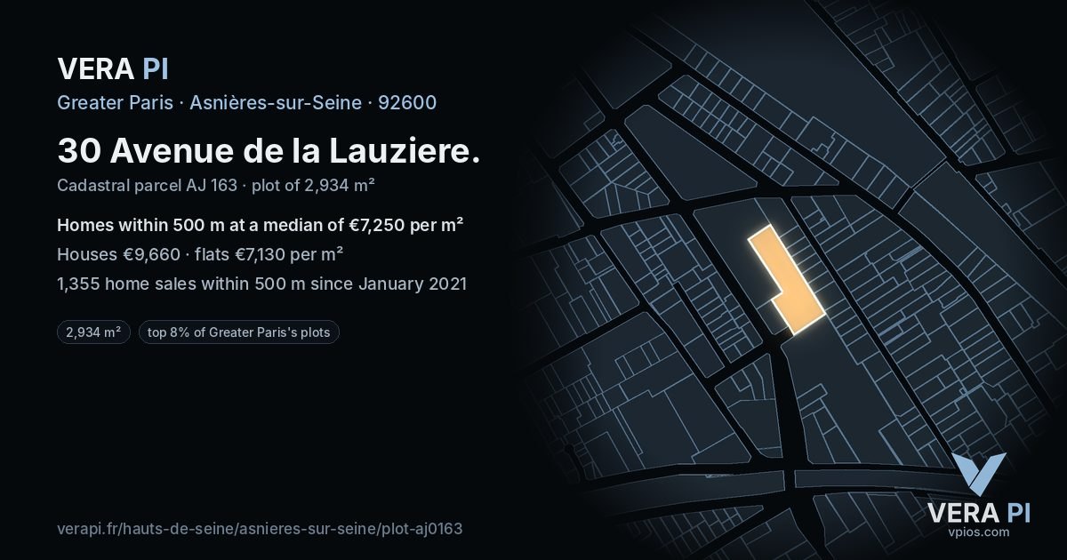 30 Avenue de la Lauziere, Asnières-sur-Seine at night – the plot lit, the parcels around coloured by the prices near them