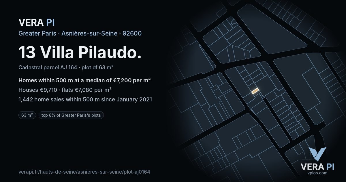 13 Villa Pilaudo, Asnières-sur-Seine at night – the plot lit, the parcels around coloured by the prices near them