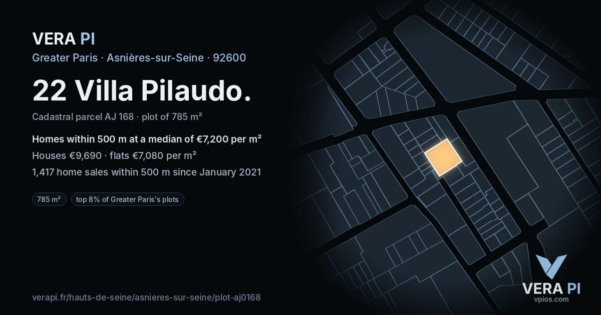 22 Villa Pilaudo, Asnières-sur-Seine at night – the plot lit, the parcels around coloured by the prices near them