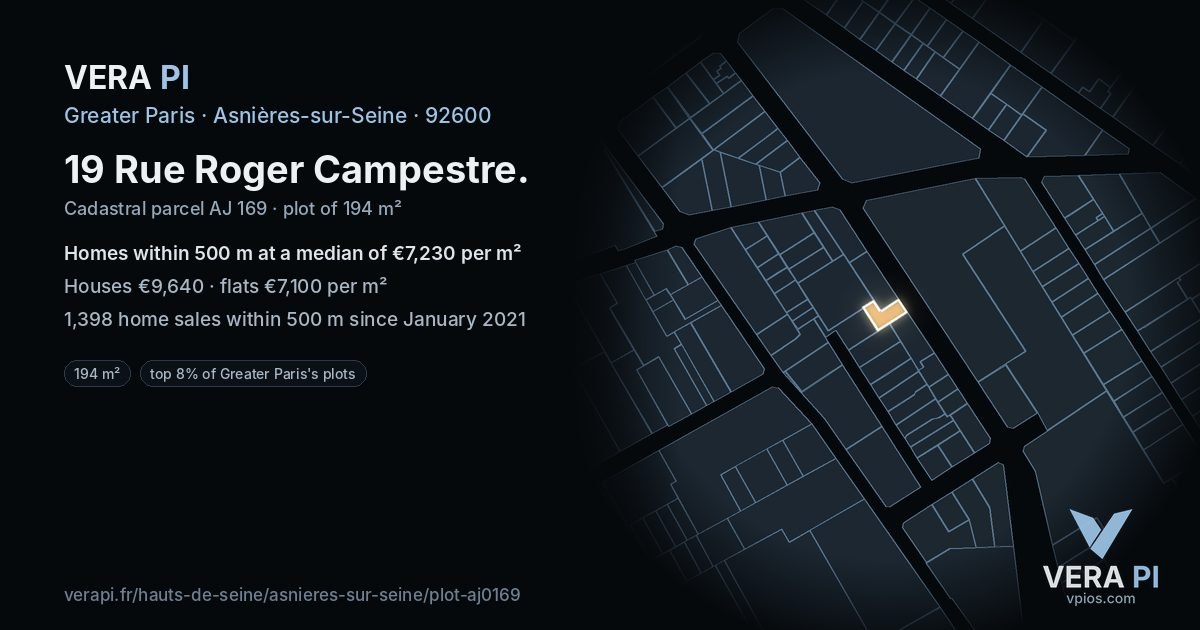 19 Rue Roger Campestre, Asnières-sur-Seine at night – the plot lit, the parcels around coloured by the prices near them