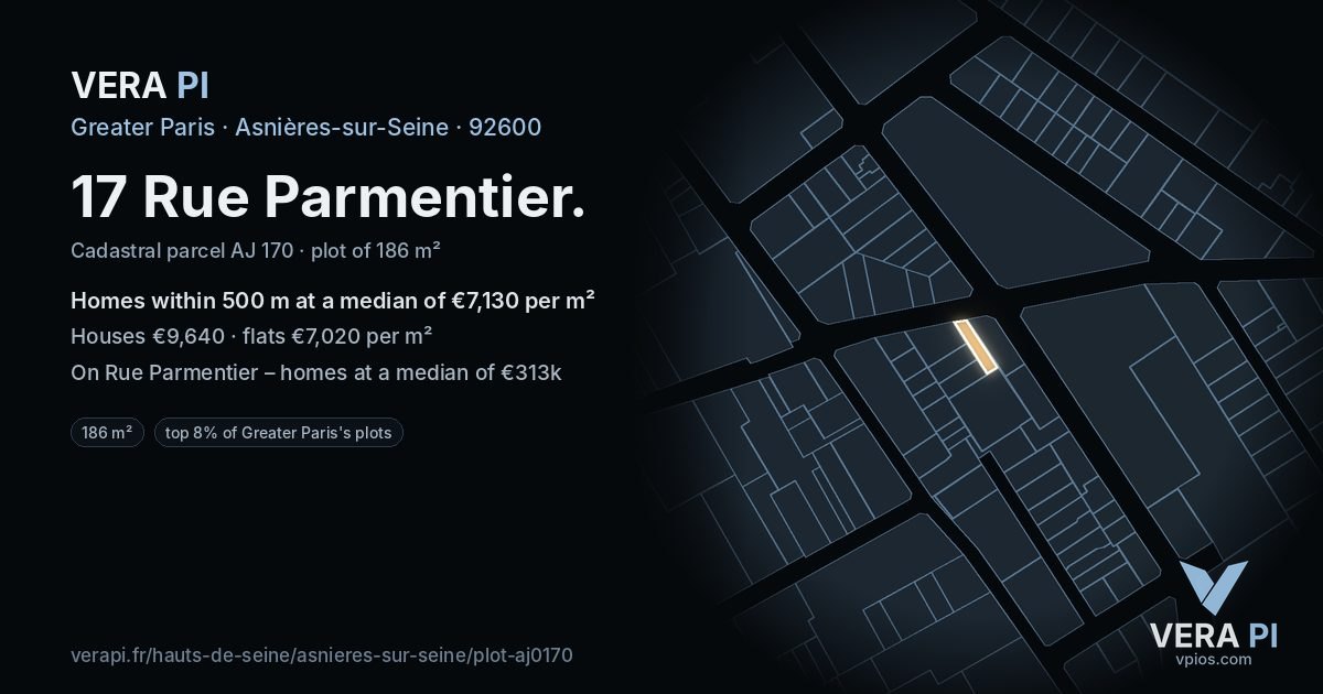 17 Rue Parmentier, Asnières-sur-Seine at night – the plot lit, the parcels around coloured by the prices near them