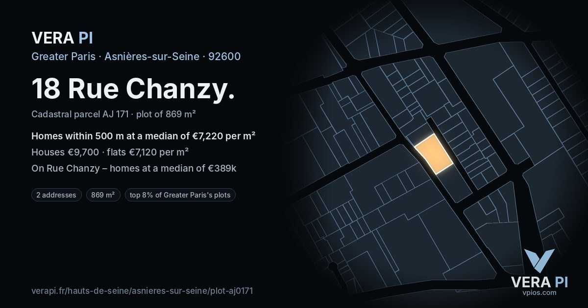 18 Rue Chanzy, Asnières-sur-Seine at night – the plot lit, the parcels around coloured by the prices near them