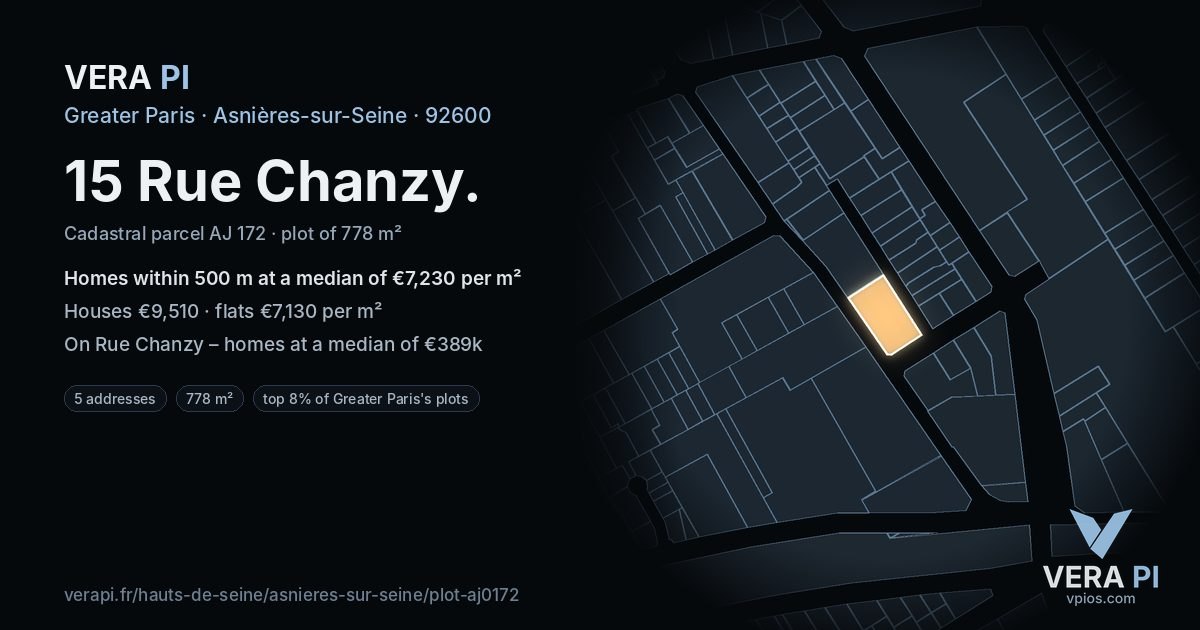 15 Rue Chanzy, Asnières-sur-Seine at night – the plot lit, the parcels around coloured by the prices near them