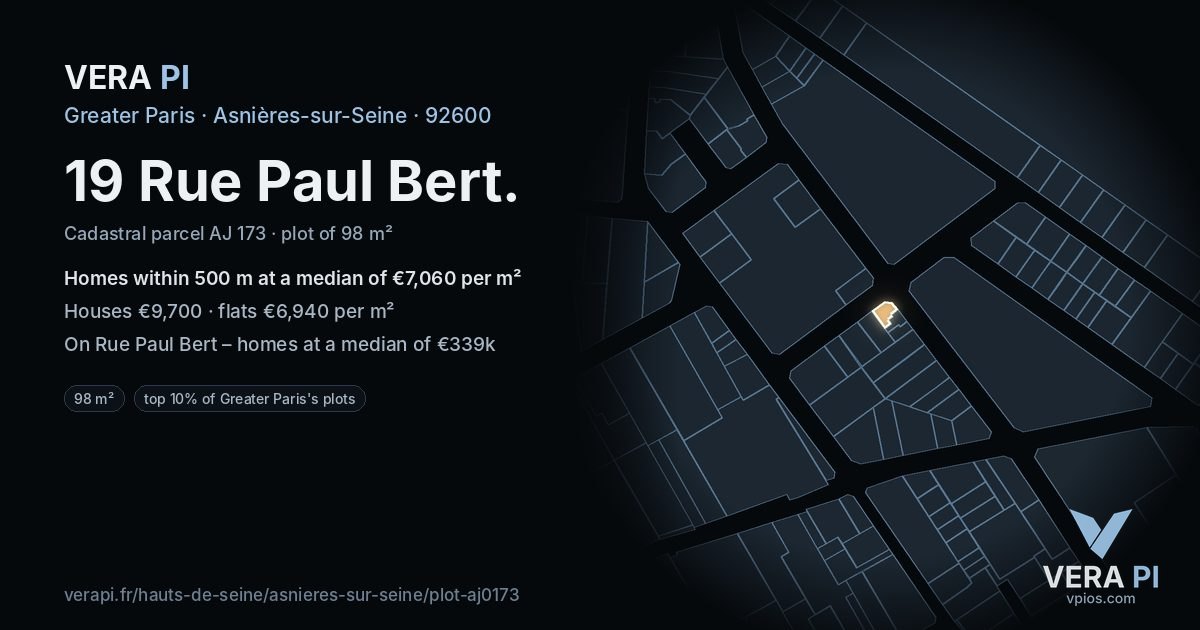 19 Rue Paul Bert, Asnières-sur-Seine at night – the plot lit, the parcels around coloured by the prices near them