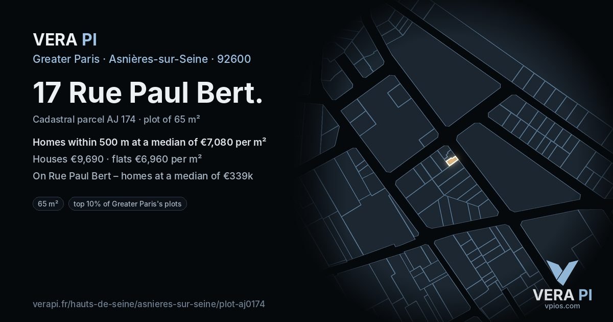 17 Rue Paul Bert, Asnières-sur-Seine at night – the plot lit, the parcels around coloured by the prices near them