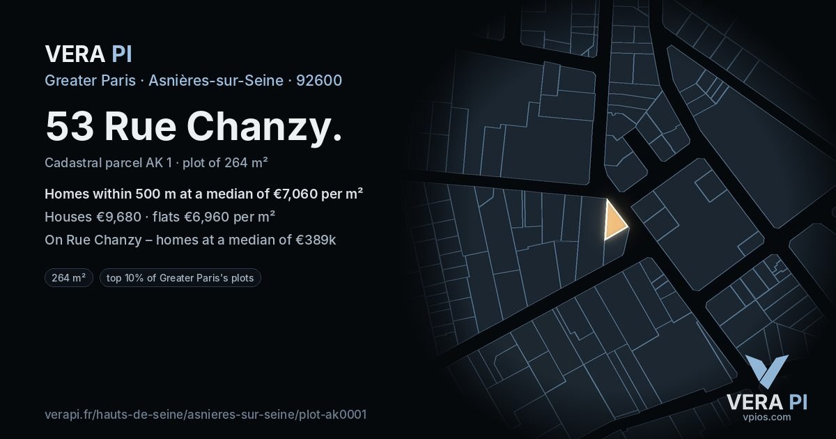 53 Rue Chanzy, Asnières-sur-Seine at night – the plot lit, the parcels around coloured by the prices near them