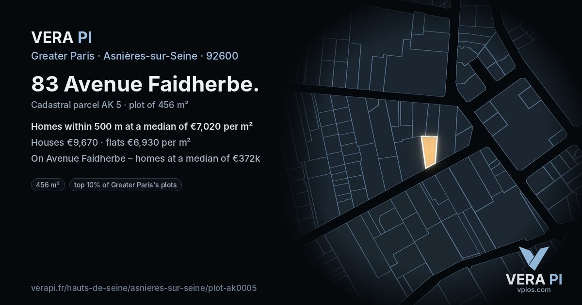 83 Avenue Faidherbe, Asnières-sur-Seine at night – the plot lit, the parcels around coloured by the prices near them
