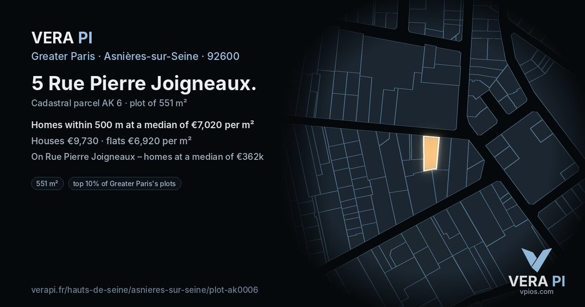 5 Rue Pierre Joigneaux, Asnières-sur-Seine at night – the plot lit, the parcels around coloured by the prices near them
