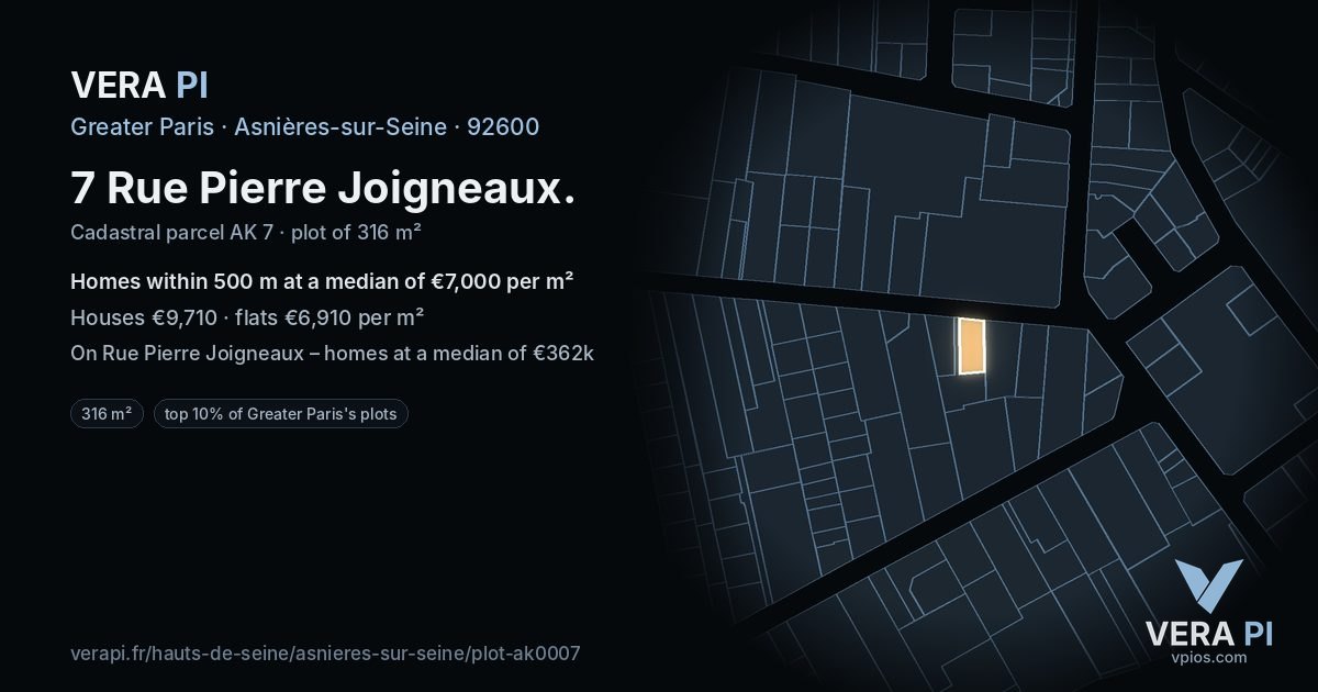 7 Rue Pierre Joigneaux, Asnières-sur-Seine at night – the plot lit, the parcels around coloured by the prices near them