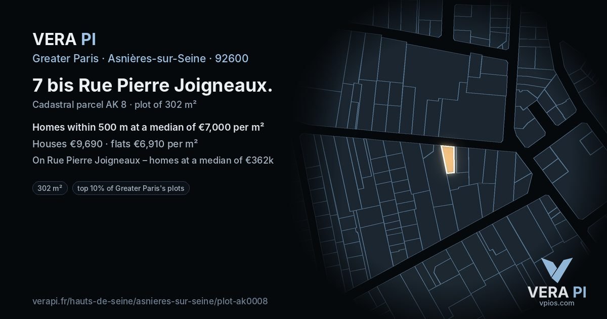 7 bis Rue Pierre Joigneaux, Asnières-sur-Seine at night – the plot lit, the parcels around coloured by the prices near them