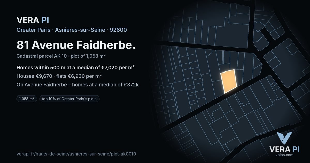 81 Avenue Faidherbe, Asnières-sur-Seine at night – the plot lit, the parcels around coloured by the prices near them
