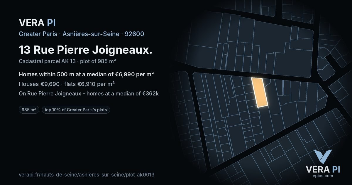 13 Rue Pierre Joigneaux, Asnières-sur-Seine at night – the plot lit, the parcels around coloured by the prices near them