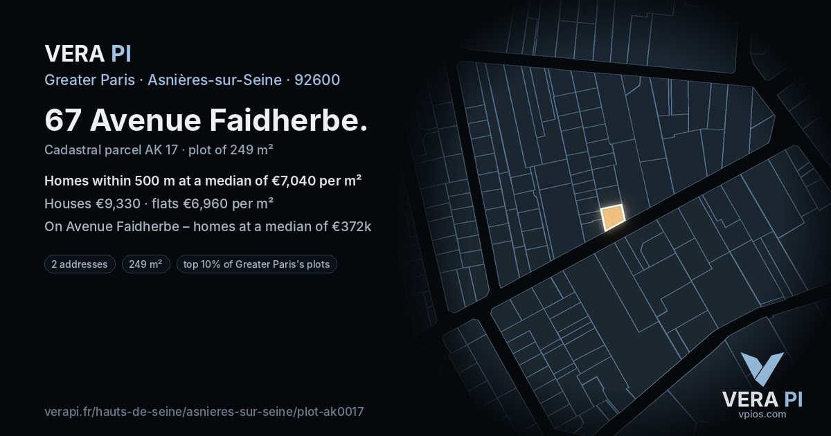 67 Avenue Faidherbe, Asnières-sur-Seine at night – the plot lit, the parcels around coloured by the prices near them