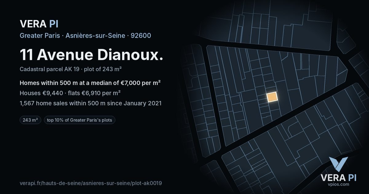11 Avenue Dianoux, Asnières-sur-Seine at night – the plot lit, the parcels around coloured by the prices near them