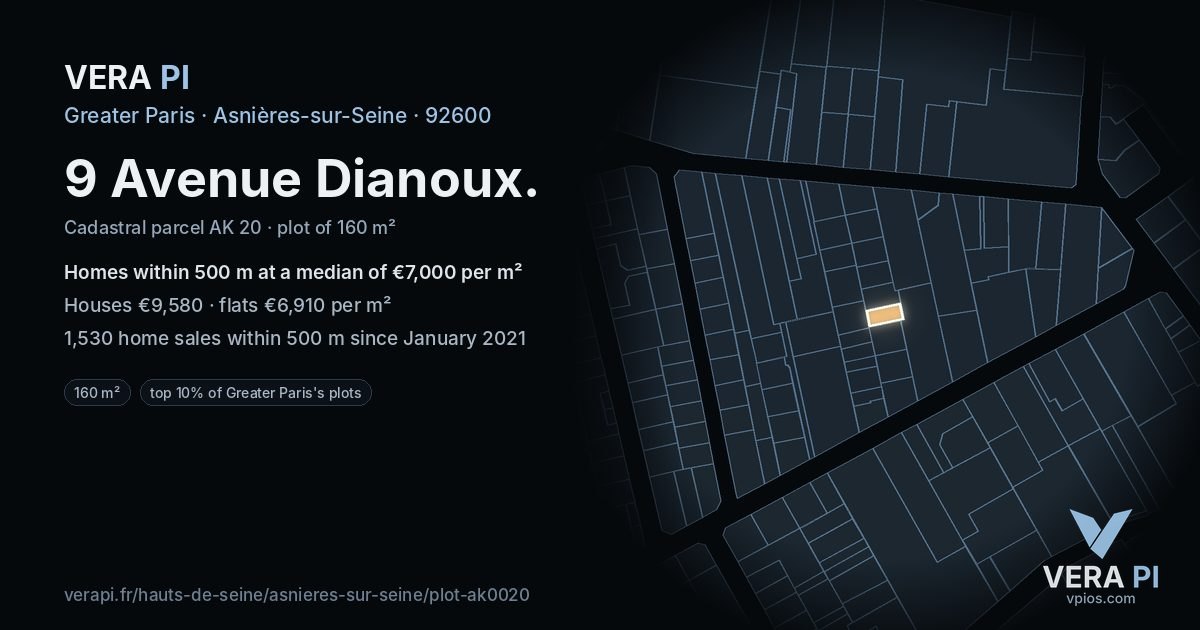 9 Avenue Dianoux, Asnières-sur-Seine at night – the plot lit, the parcels around coloured by the prices near them