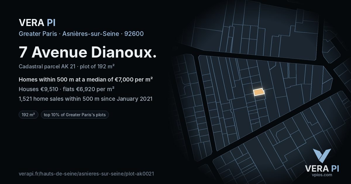 7 Avenue Dianoux, Asnières-sur-Seine at night – the plot lit, the parcels around coloured by the prices near them