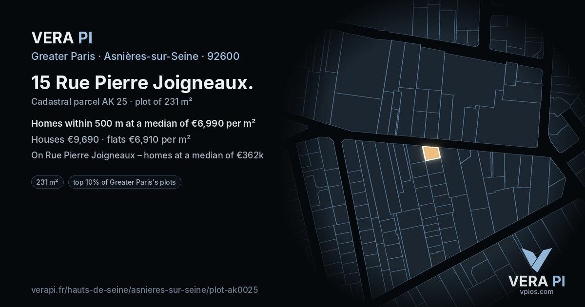 15 Rue Pierre Joigneaux, Asnières-sur-Seine at night – the plot lit, the parcels around coloured by the prices near them
